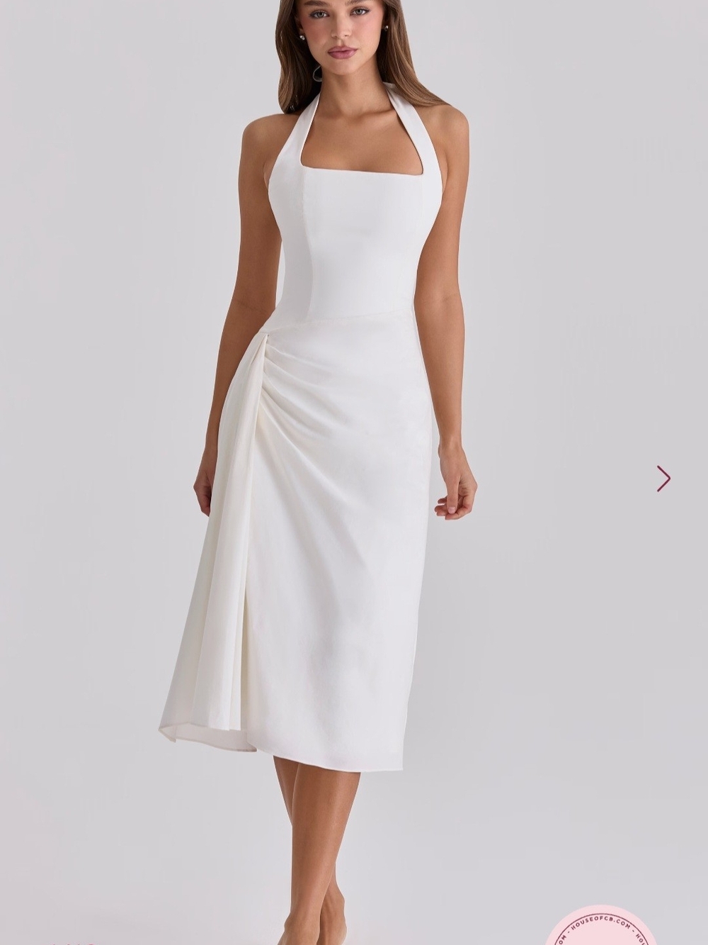 White Halter Neck Cotton Midi Dress